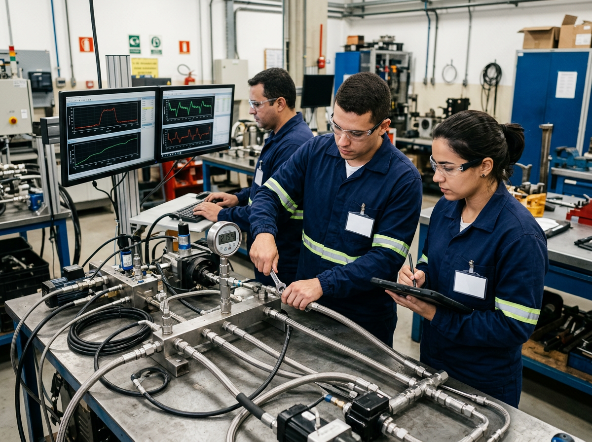 Engenheiros realizando ensaio de pressão em componentes de linhas de fluido